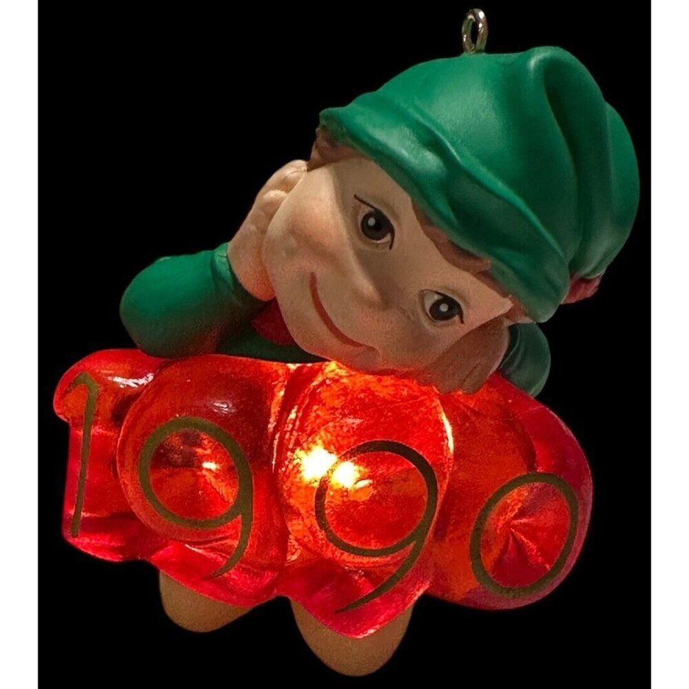 Vtg Hallmark 1990 ELF of the YEAR Keepsake Christmas Tree Ornament Magic Light